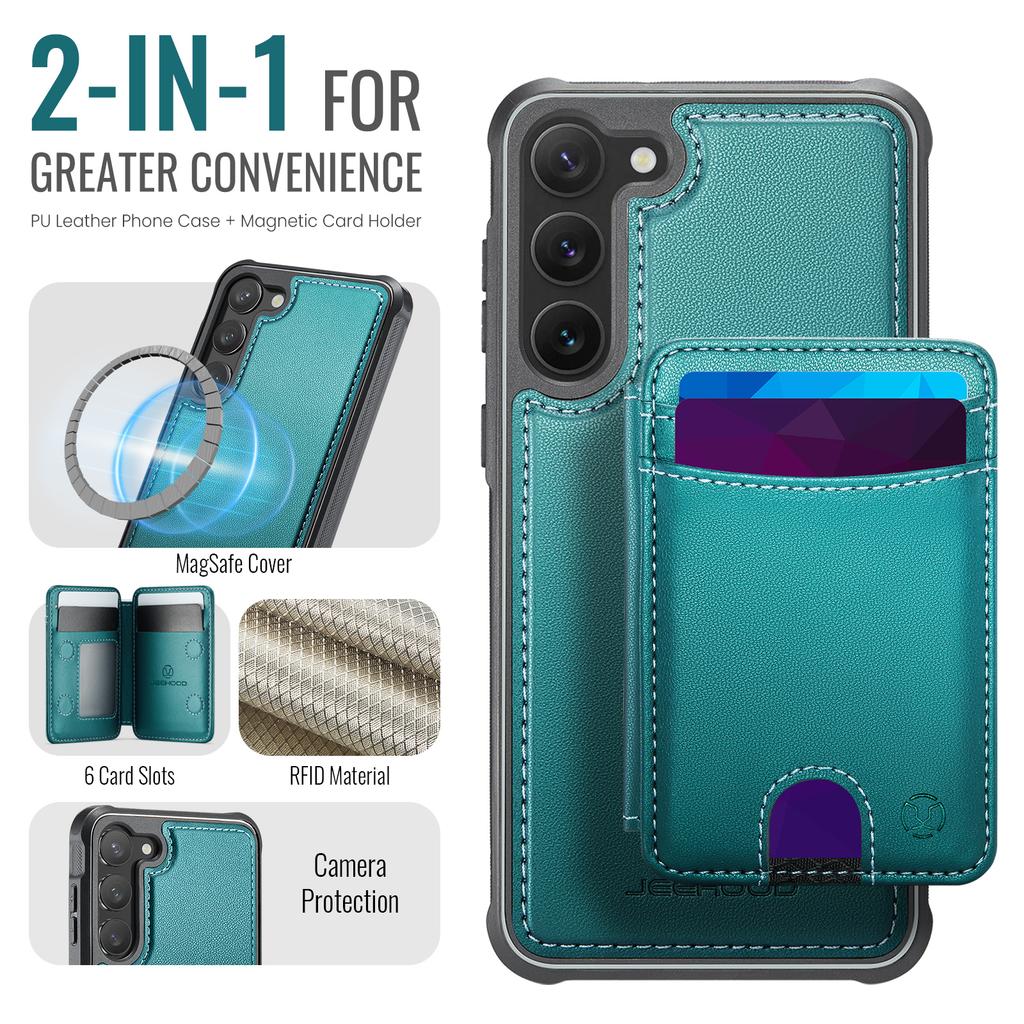 For Samsung Galaxy S23 Magnetic Case JEEHOOD J10 Leather Back Phone Cover with Detachable Card Holder Kickstand
