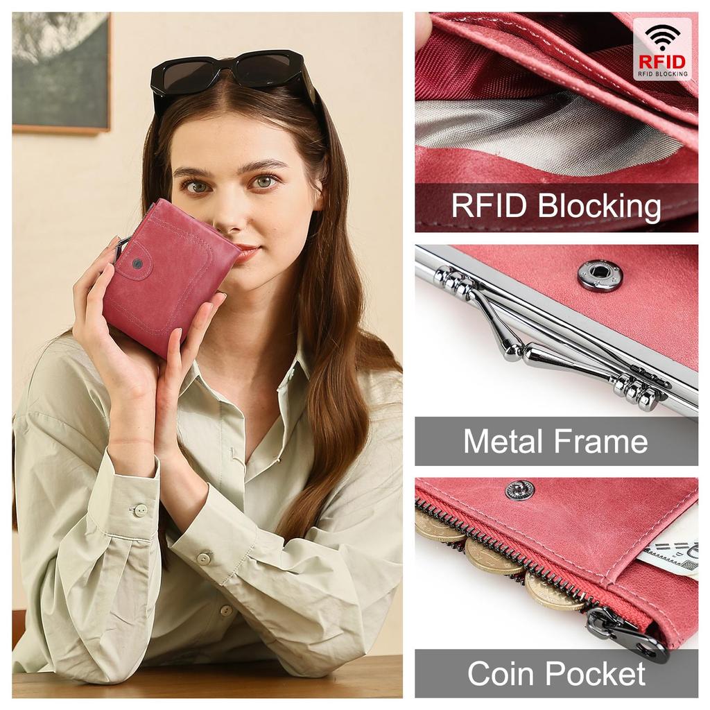 Женский кошелек из натуральной кожи, небольшой кошелек с металлическим каркасом, женский кошелек на застежке и молнии, карман для монет, держатель для кредитных карт, RFID-кошелек