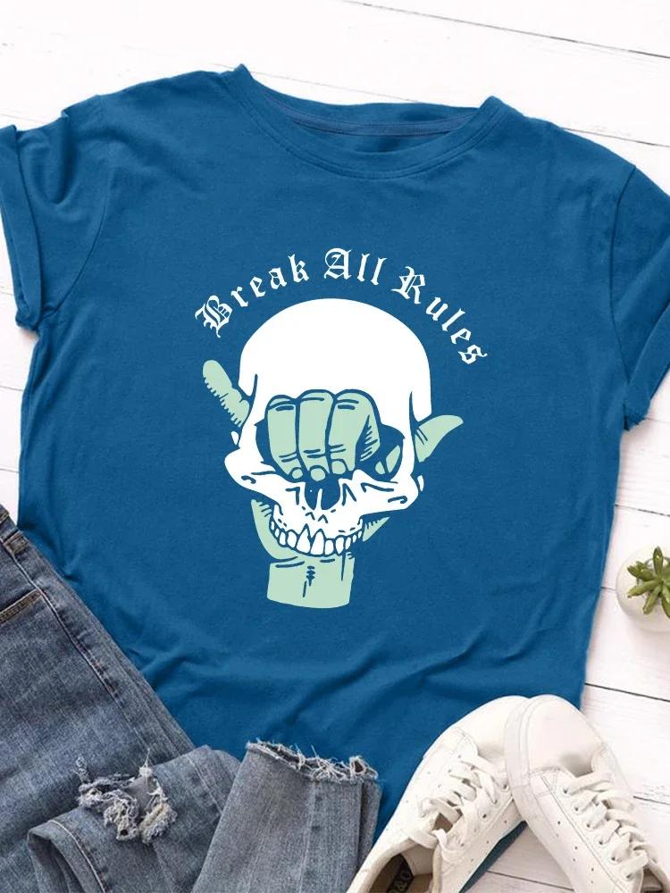 Футболка Break All Rules с принтом черепа и головы для женщин с коротким рукавом и круглым вырезом, свободная женская футболка, женская футболка, топы, женские футболки