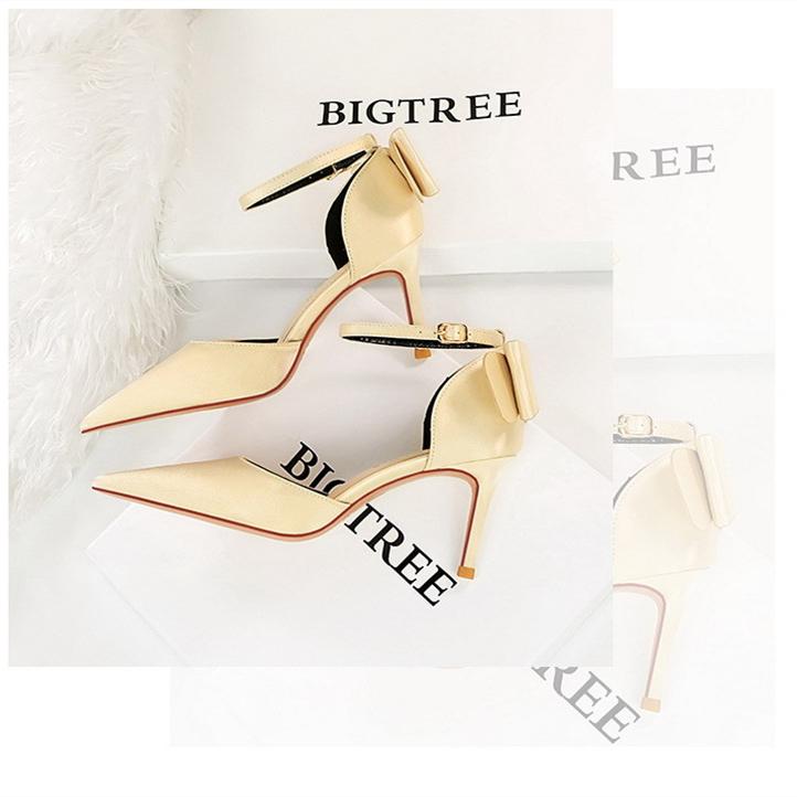 Bigtree Sexy High Heels 8cm Women's Silk Shallow Mouth Pointed Head Straight Line Sandals with Bowknot