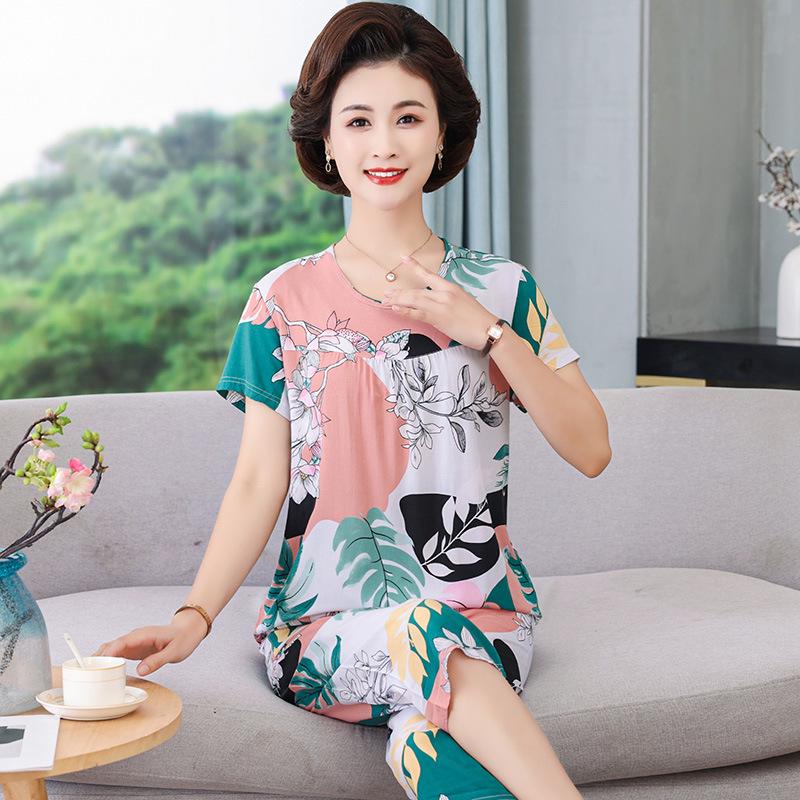 Женский летний хлопковый пижамный комплект больших размеров для женщин среднего и пожилого возраста - Домашняя одежда с короткими рукавами, подходящая для ношения на улице