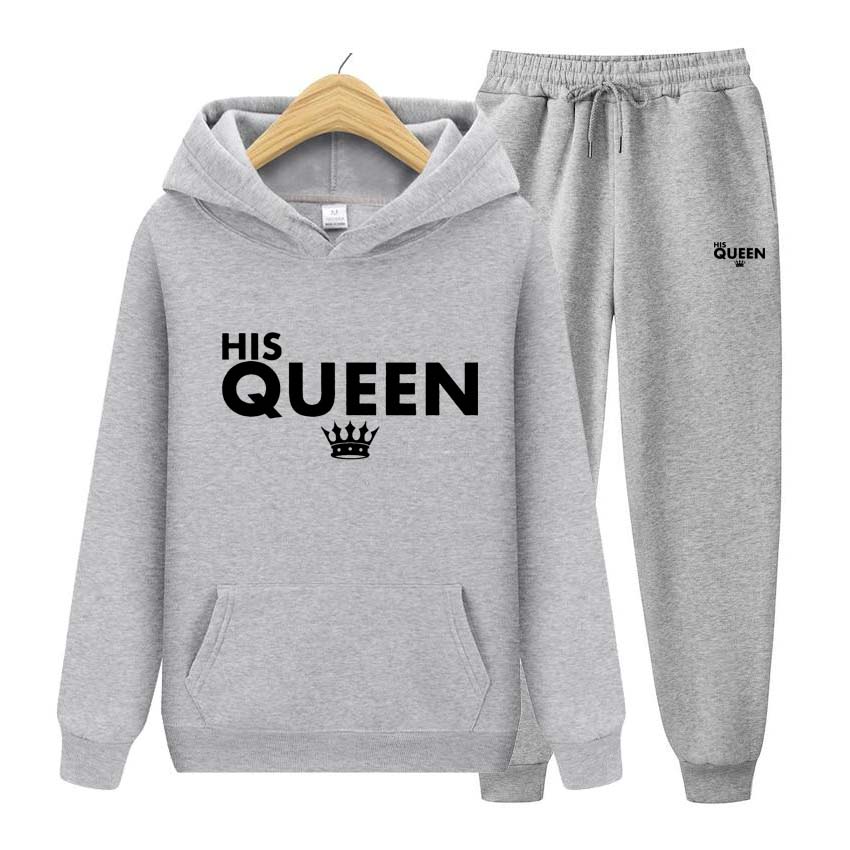 Спортивный костюм, комплект из 2 предметов, унисекс, толстовки с капюшоном His Queen, флисовая толстовка + брюки, костюм с капюшоном, мужские комплекты для бега, толстовка с принтом королевы, спортивный костюм