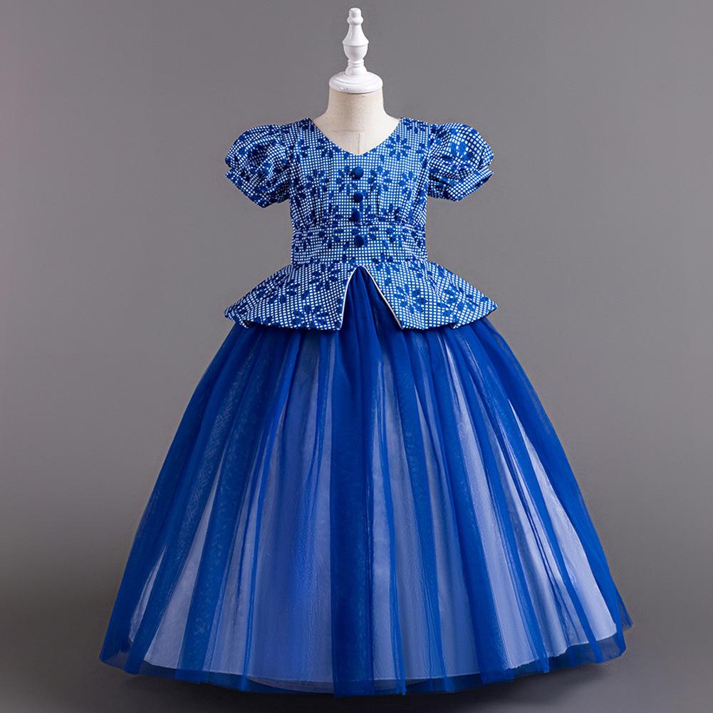 Children's Princess Dresses Thousand Birdie Patchwork Mesh Puffy Long Bubble Sleeve Girls' Stage Performance Dresses Girl's Favourite Dress