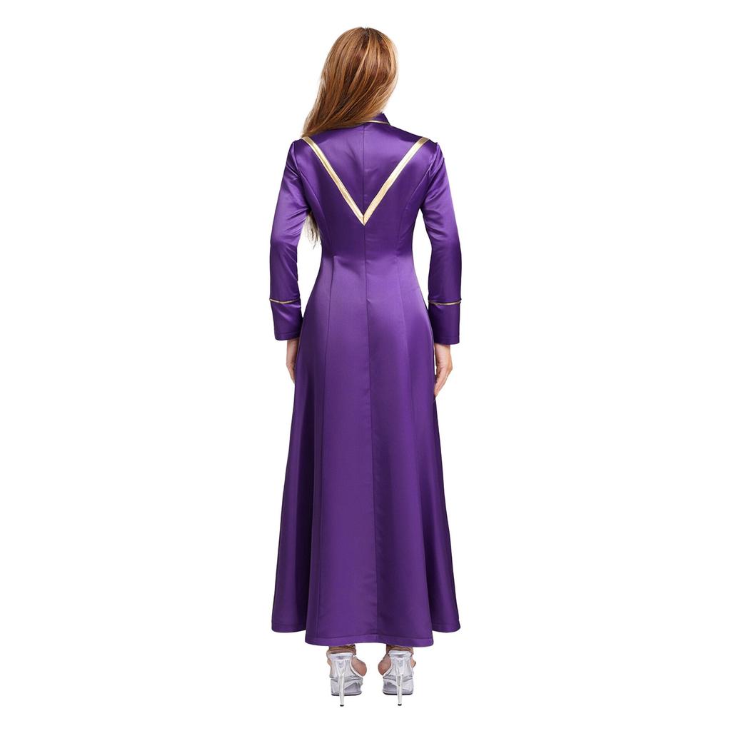 Womens Priest Cleric Cassocks Embroidered Cross Long Sleeve Back Zipper Long Robe