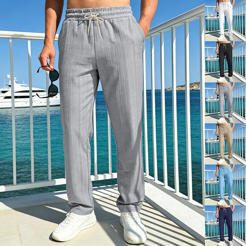 Mens Breathable Solid Color Linen-Like Drawstring Long Casual Pants Straight Fit Lightweight