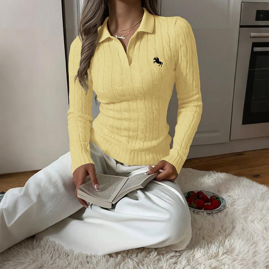 Jacquard Knitted Simple Long-sleeved Shirt Collar Top for Women's Inner Wear Woolen Women's Autumn and Winter Slim Solid Color T-shirt