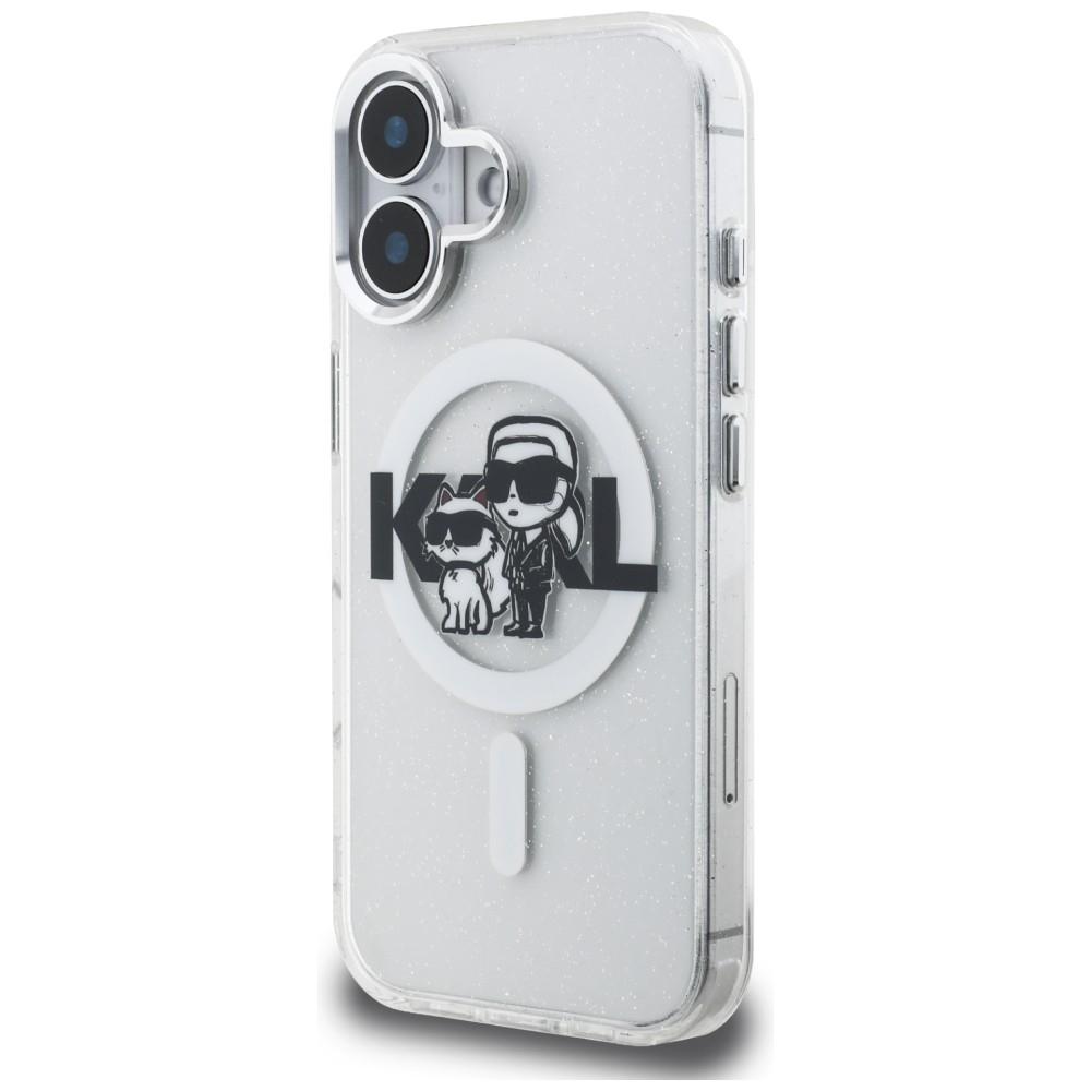 Karl Lagerfeld IML Glitter Karl & Choupette Sketch Logo MagSafe case for iPhone 16 transparent