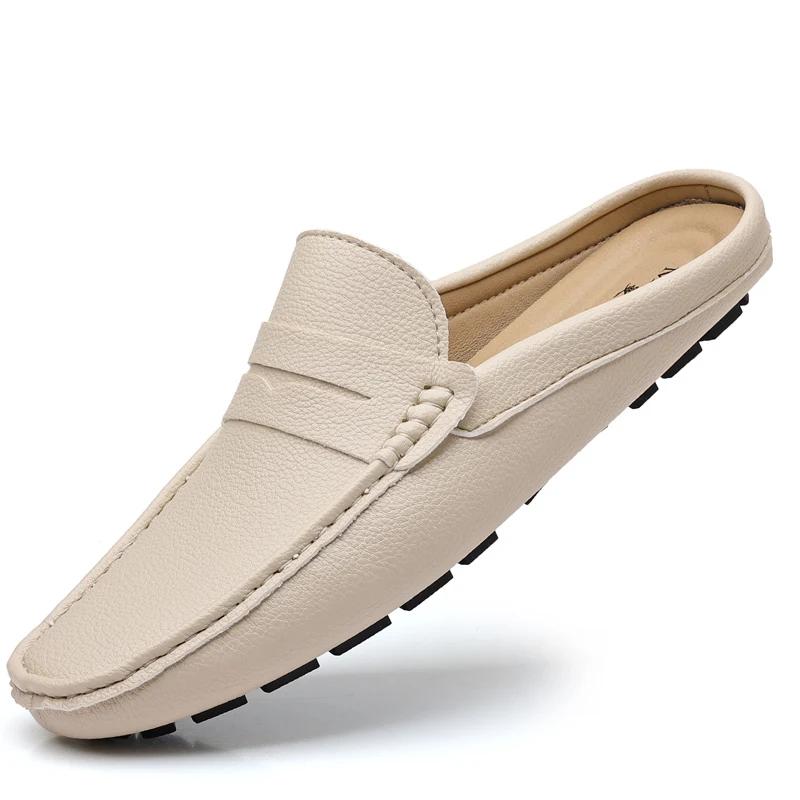 Men's Summer Genuine Leather Loafers Soft Comfortable Flat Casual Slip On Shoes Breathable Half Slippers