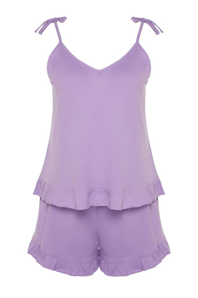 Женский трикотажный пижамный комплект больших размеров цвета фуксии с завязками