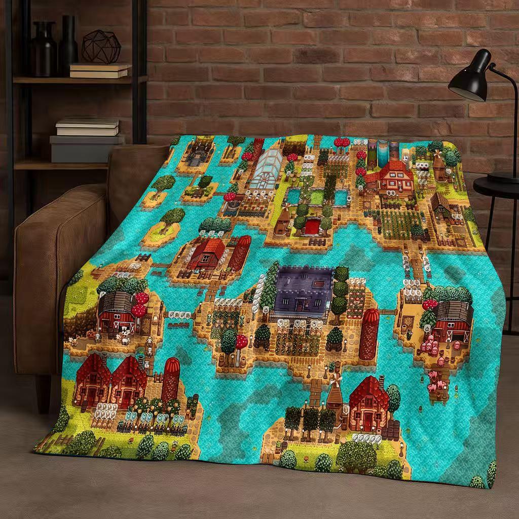 Retro Stardew Valley Farm Map Pixel Game Flannel Blanket,Ultra Soft Warm Plush Throw for Home Bedroom Bed Sofa Cover Kids Gift