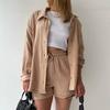 Women Two-piece Set Orange Wrinkled Lapel Long-Sleeved Shirt High-Waisted Drawstring Shorts Fashion Casual Suit