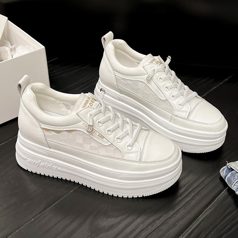 9cm Inner Raised Mesh Leather Small White Shoes for Women's 2024 Summer New Thick Soles, Versatile Casual Shoes for Students