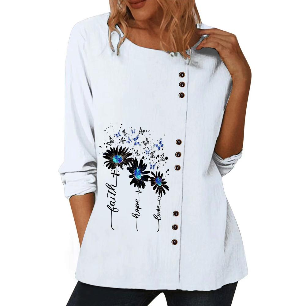 Белый повседневный женский топ с различными принтами, круглым вырезом и длинными рукавами