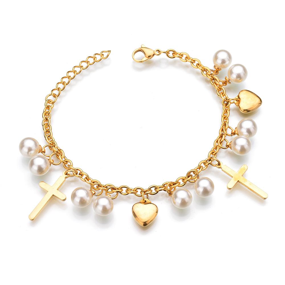Bracelet Stainless Steel Name Custom Engrave Cross Personalized Heart Letter Bracelet O-Chain Pearl Fashion Gift for Women Girl