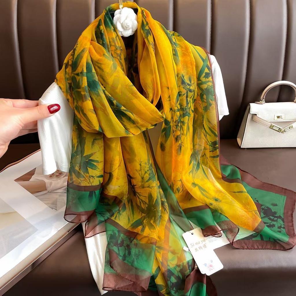 Silk Scarf for Women In Spring Autumn and Winter Middle-aged and Elderly Mothers Warm and Versatile Super Large Scarf Literary Style Travel Scarf