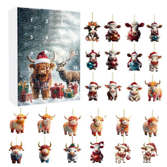 Адвент-календарь с изображением коровы из Хайленда, рождественское подвесное украшение, акриловый мультяшный адвент-календарь с изображением коровы из Хайленда для украшения каминной полки на дереве
