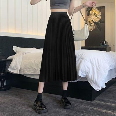Осень-зима плиссированная юбка с эластичной высокой талией длиной до икры, повседневная свободная юбка, элегантная женская однотонная длинная юбка, женская одежда, уличная одежда
