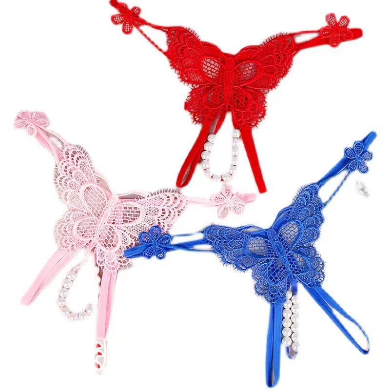 Женские прозрачные трусики-стринги с открытой ластовицей и массажными жемчужинами - Низкая посадка, Сексуальные, Легко снимаются