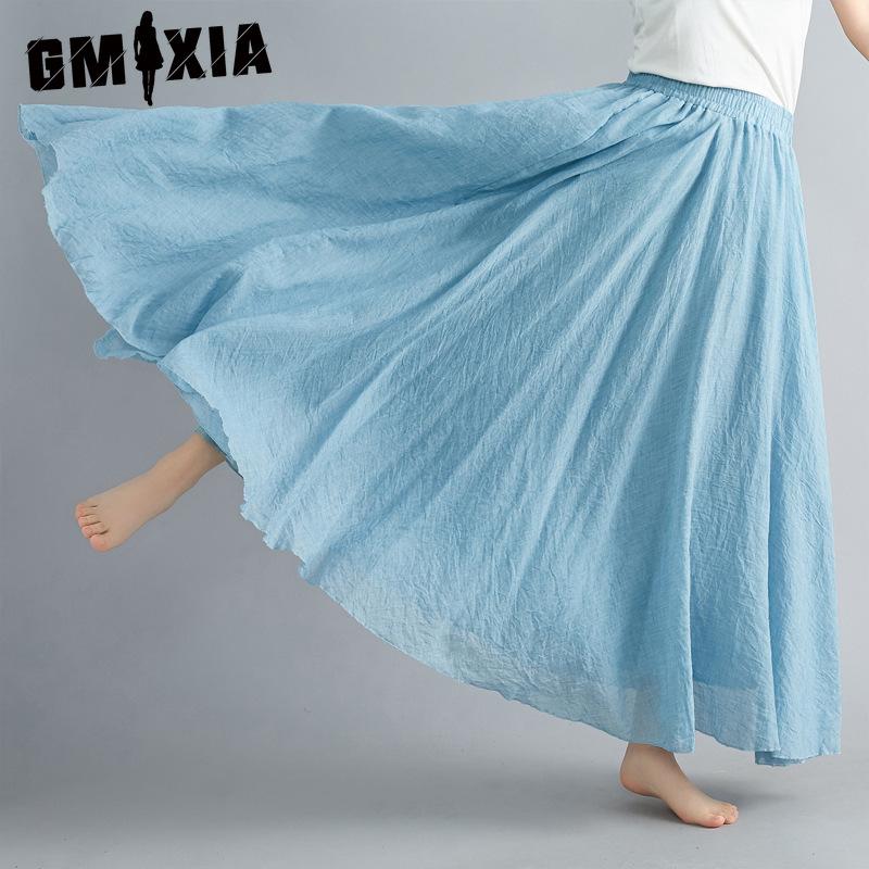 GMXIA Художественная юбка из хлопка и льна больших размеров для лесной девушки, эластичная талия, А-силуэт, длинная однотонная юбка в этническом стиле, 24 цвета