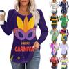 Women's Casual Top Carnival Printed Round Neck Long Sleeved Pleated T-shirt