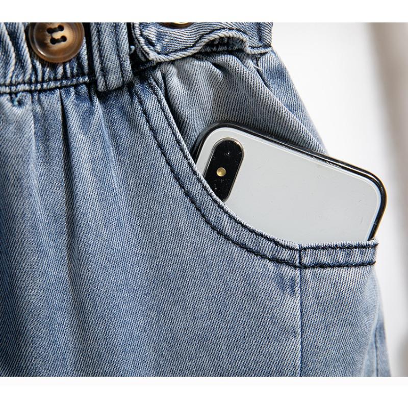 Весна Осень Новые джинсы с эластичной талией женские большие размеры модные шаровары с двойным карманом универсальные свободные брюки длиной до щиколотки