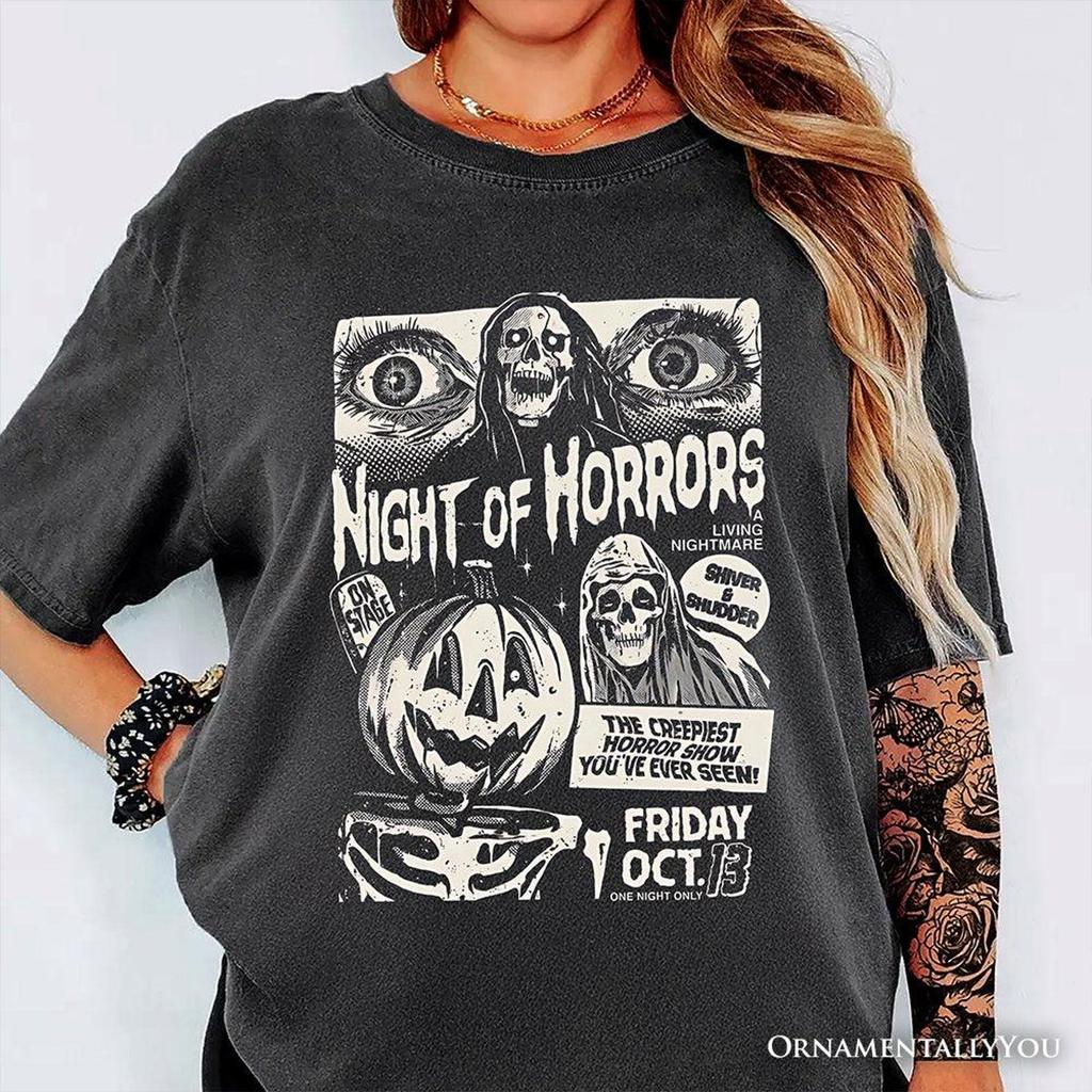 Night of Horrors Retro Halloween T-and kids tshirt, Vintage Poster Tee for Spooky Season Fans
