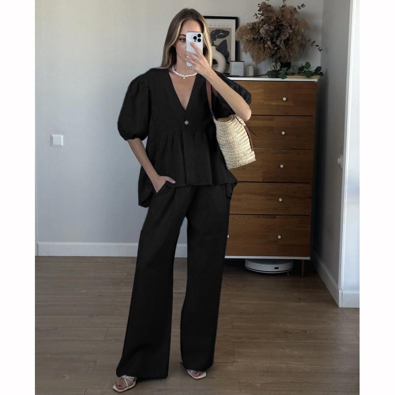 Women Spring Summer Holiday Pant Set Suits Cotton Solid Outfits V Neck Two Piece Matching Set Women