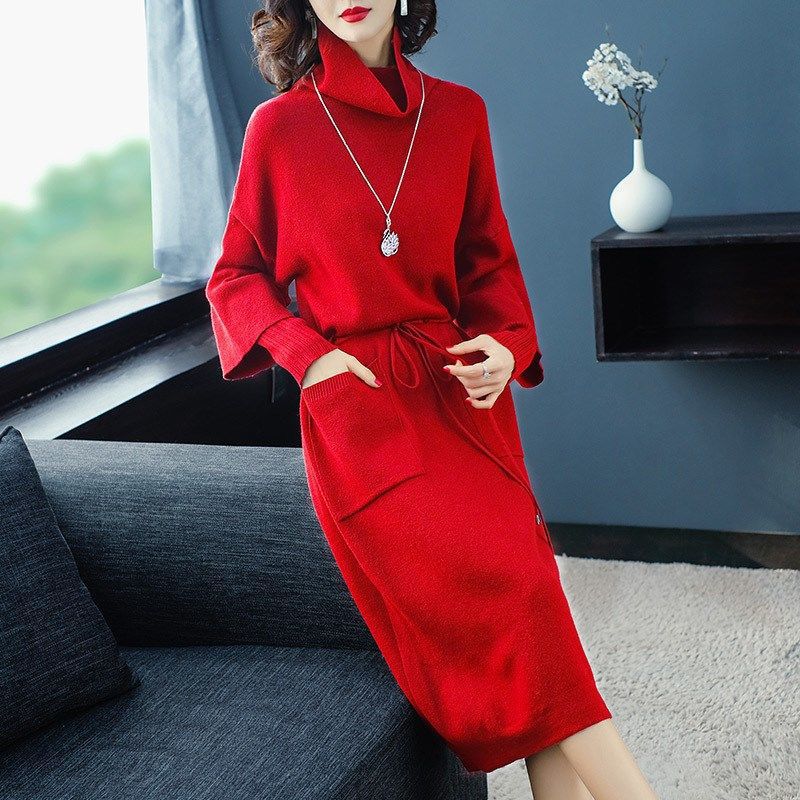 Осень и зима длинное платье темперамент вязаное платье-свитер ниже колена средней длины зимнее платье новое женское базовое утолщенное