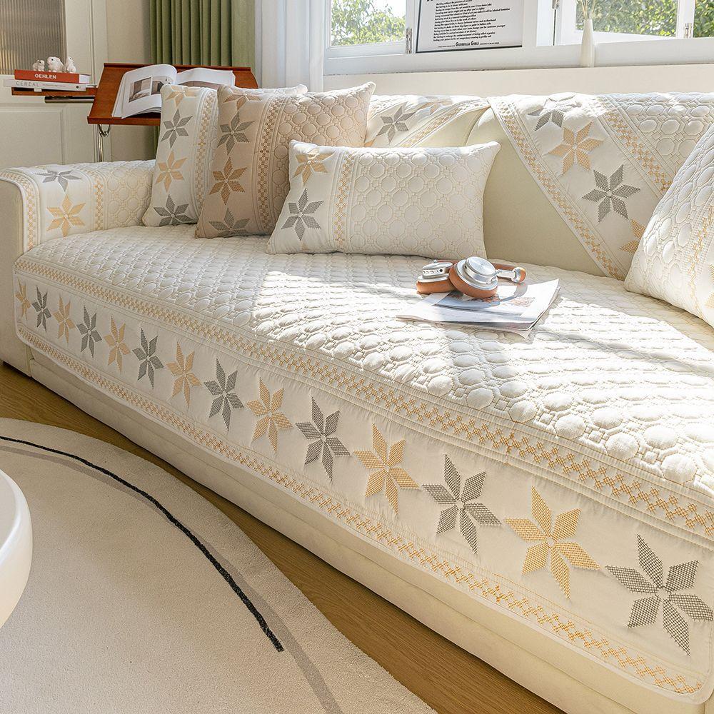 Pure Cotton Embroidered Quilted Sofa Cushion, Universal for All Seasons, Simple Fabric Seat Cushion, Practical Sofa Towel