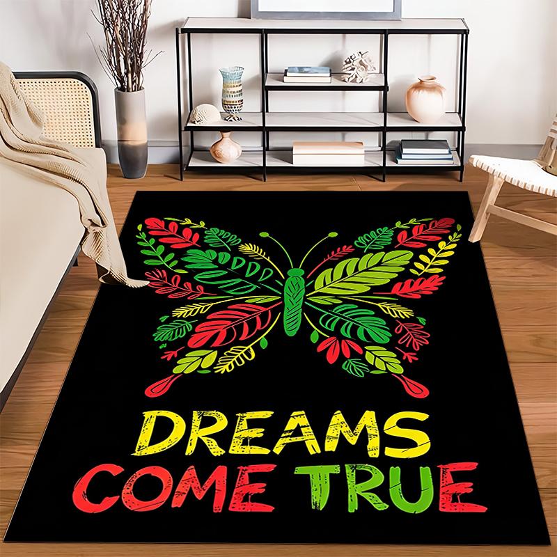 Colorful Butterfly Carpet with "Dreams Come True" Text on Black Suitable for use as an anti-slip for living room bedroom sofas