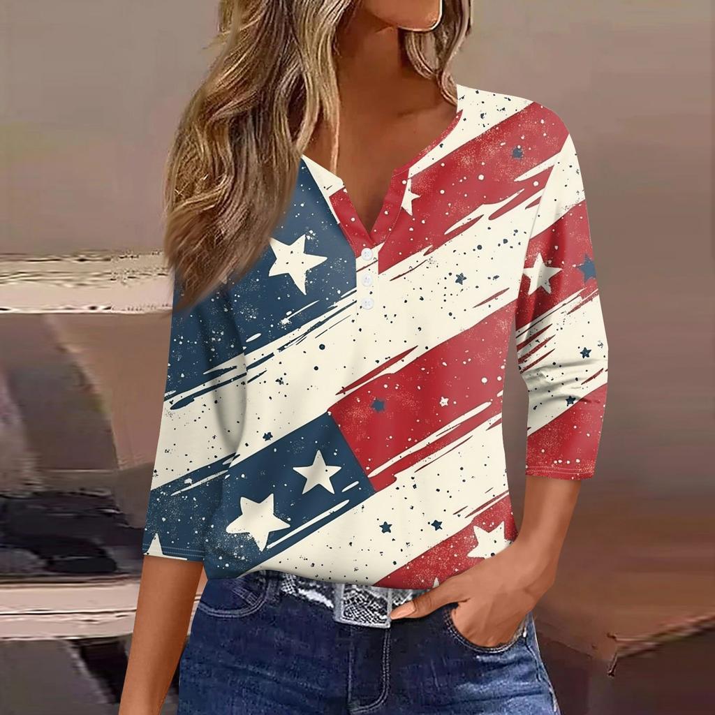Women's T Shirt Tee Independence Day Printed Button  3/4 Sleeve Tunic Daily Weekend Fashion Basic V- Neck Regular Top