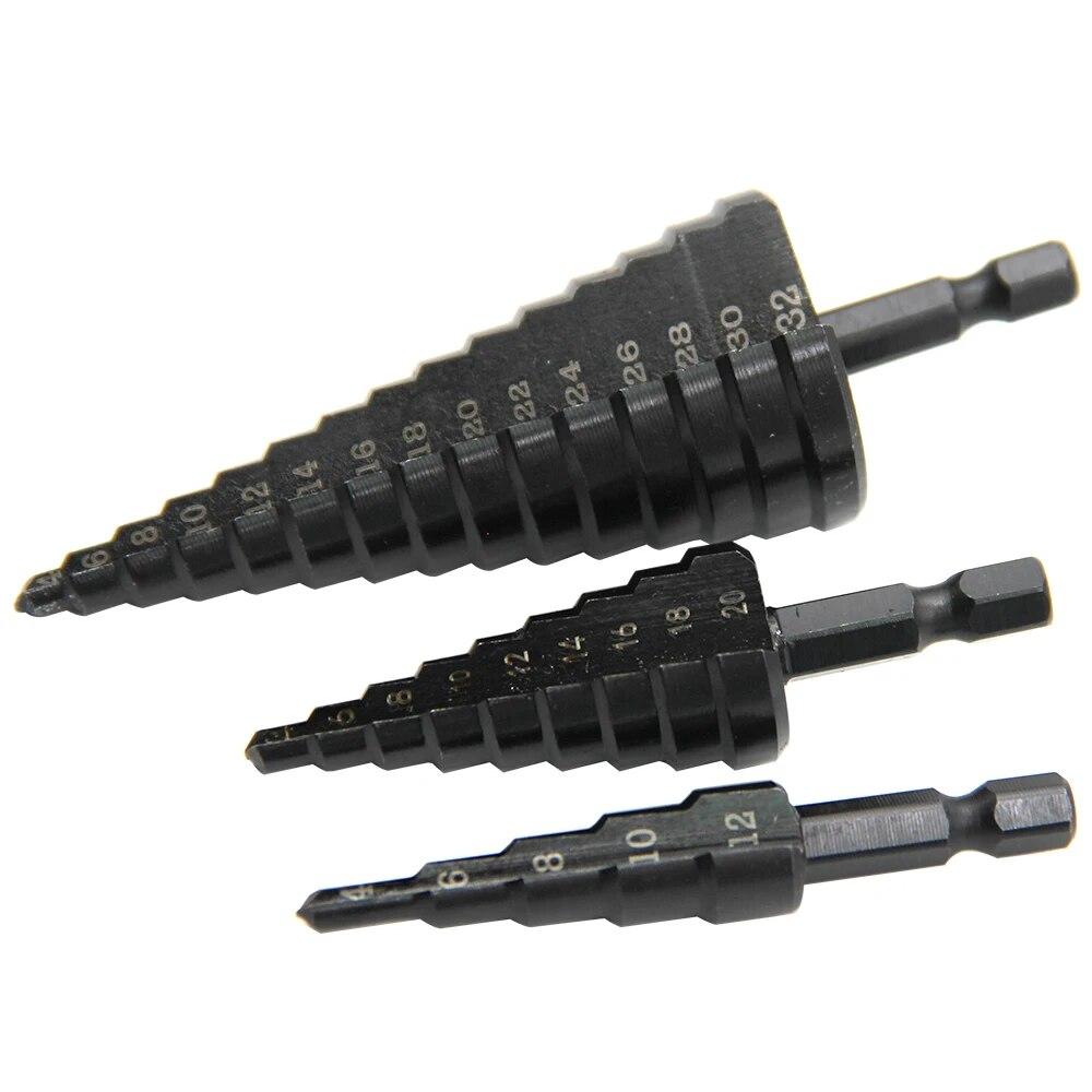 3 шт шестигранный хвостовик прямой канавки черное ступенчатое сверло 4-12/4-20/4-32 мм развертывающее ступенчатое сверло пагода электрический инструмент сверлильный набор