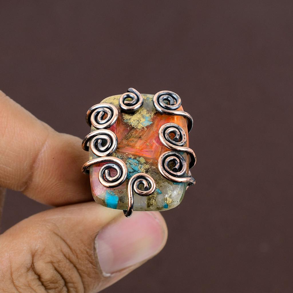 Подарочное кольцо ручной работы из медной проволоки с натуральным драгоценным камнем колючая устрица, размер 6 Y4U08