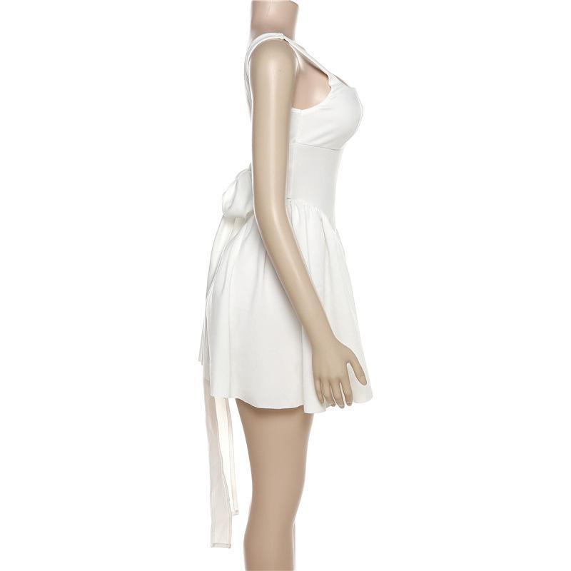 NEW Hot Fashion Sexy Backless Halter Strap Bow Sleeveless White A-line Dresses Mini Dress for Women Summer