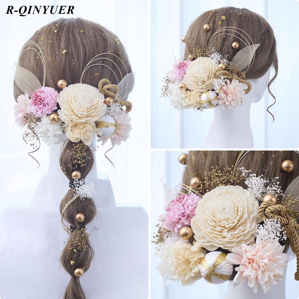 Ceremony Hair Ornaments with Dried Gold Japanese Antique and Breath Fireworks Entrance Gorgeous and 25 Pieces [R-QINYUER] Coming-of-Age Flowers,