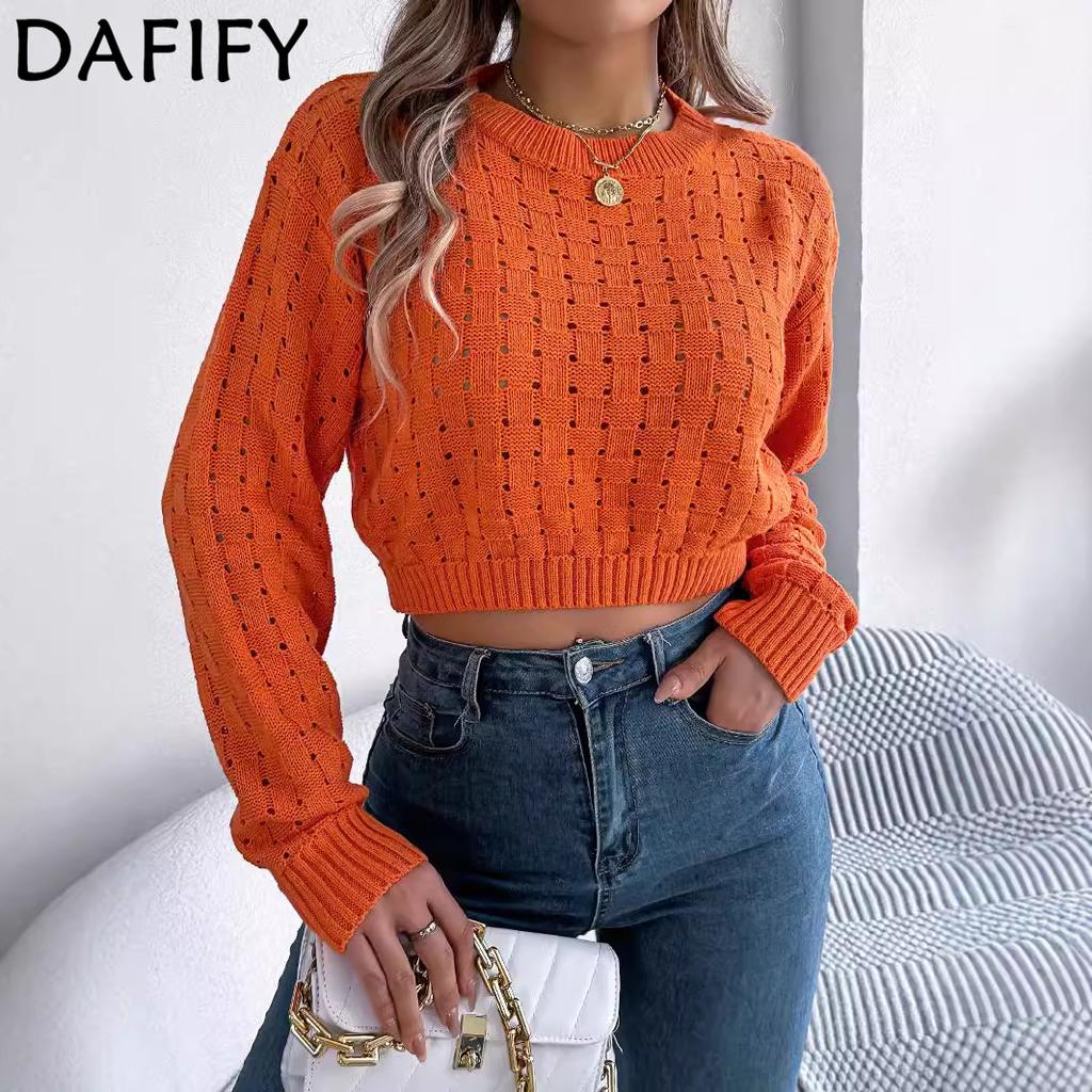 DAFIFY Women's Fashion Casual Fall Winter Solid Color Print Long Sleeve O-Neck Sweaters