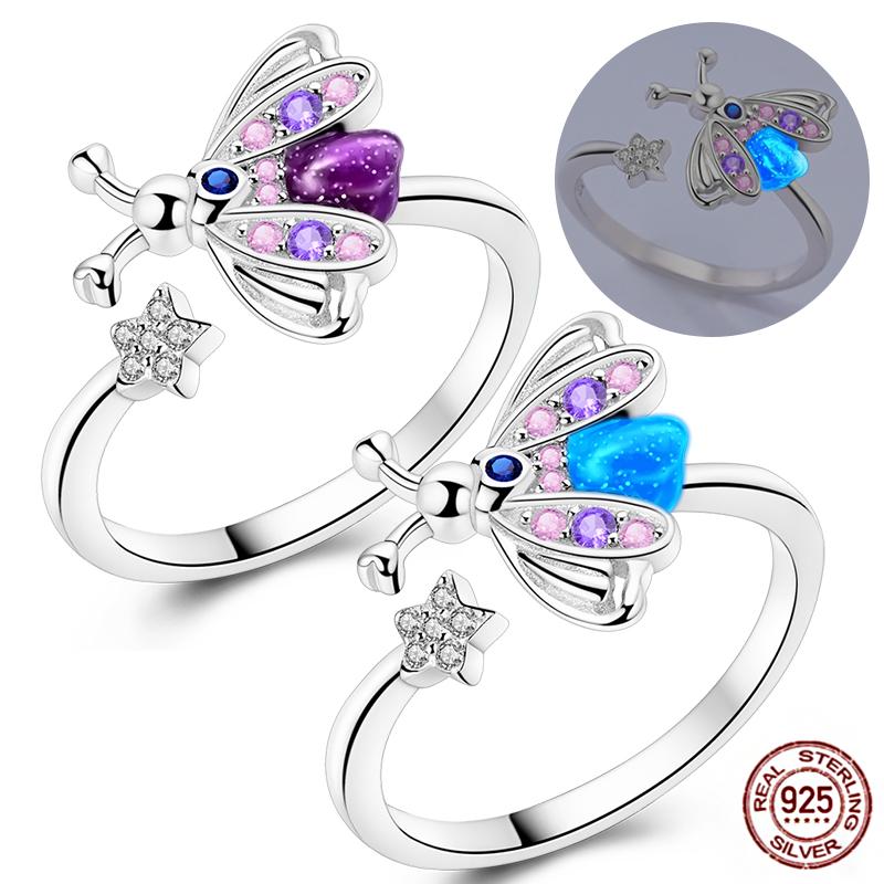 Luck Luminous Firefly Rings 925 Sterling Silver Summer Night Glowworm Blue Purple Fit Original Women Ring Wedding Jewelry Gifts