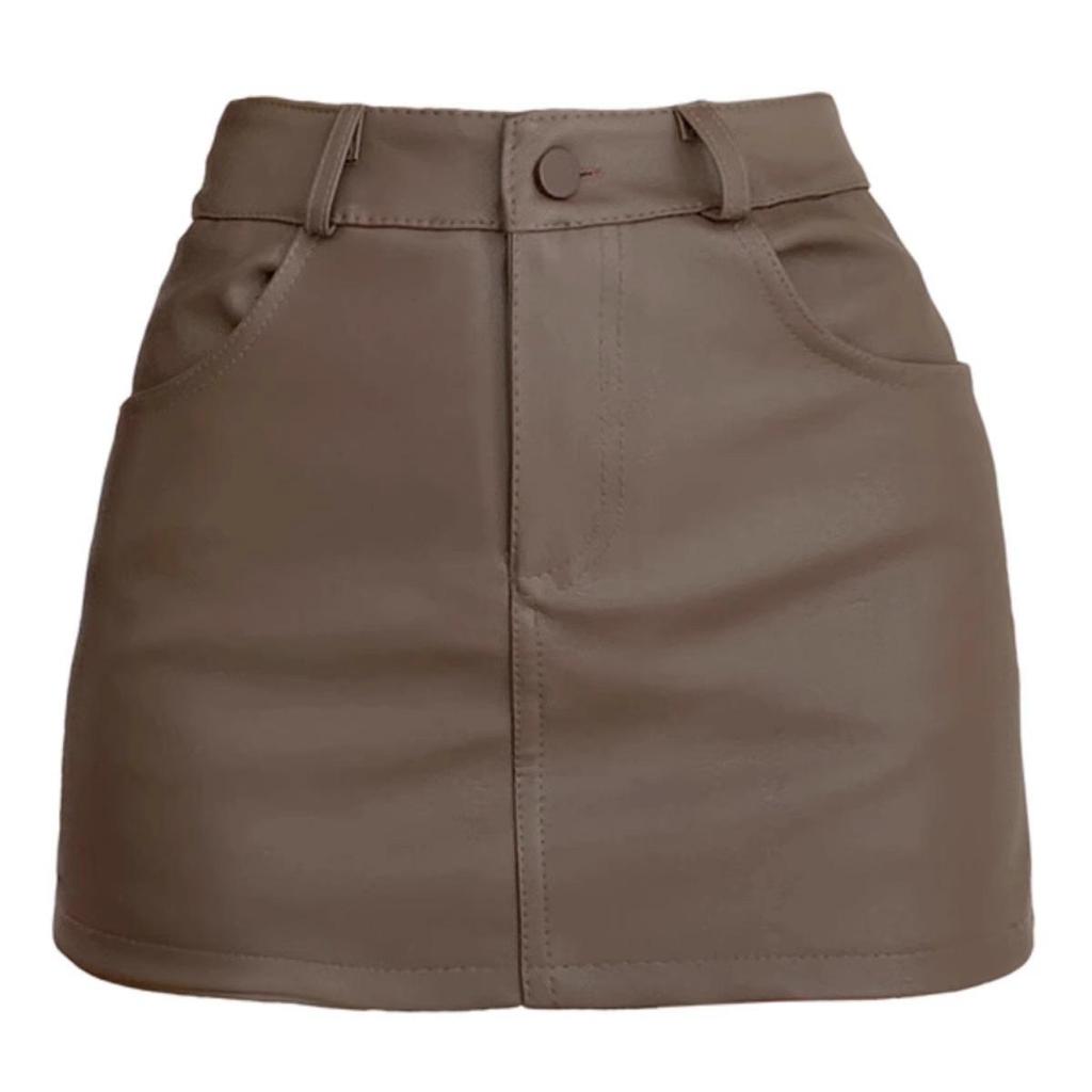 Женская короткая юбка А-силуэта из черной искусственной кожи с высокой талией - Осень/Зима 2023, Большой размер, Приталенный крой