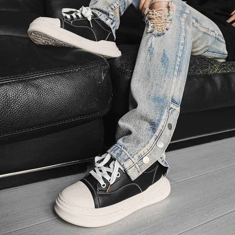 Fashion Men's Lace-Up Flats Leather Casual Shoes Thick Sole Male Sneakers Comfortable Walking Shoes Fashion Retro Skate Shoes for Men