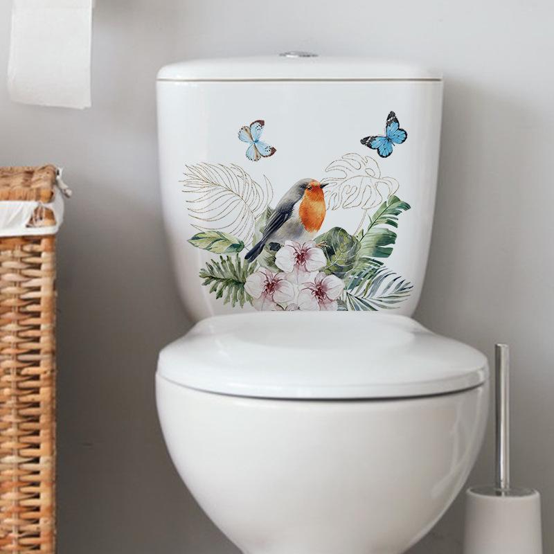 Наклейка на туалет «Птица, бабочка», декоративные виниловые наклейки для ванной комнаты, настенное искусство с зелеными растениями, водонепроницаемые съемные наклейки