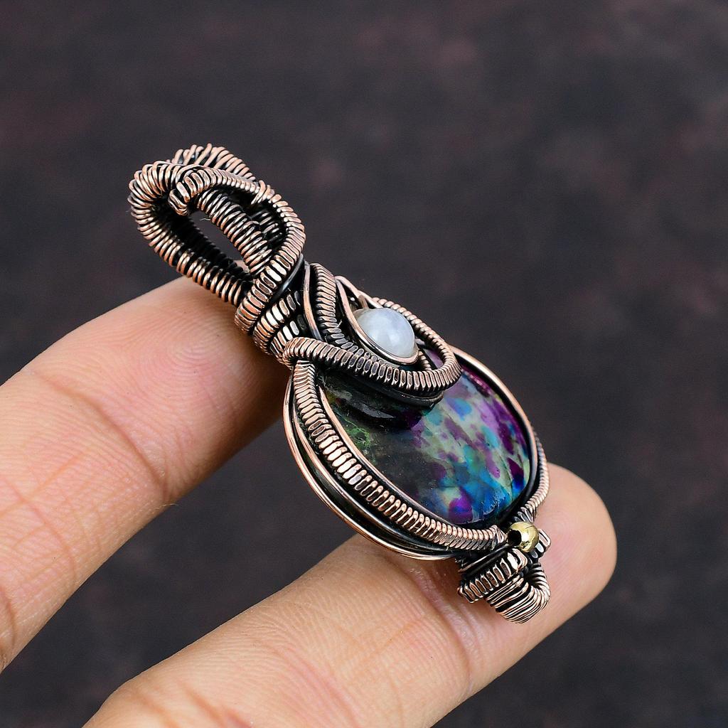 Кулон из разноцветного огненного лабрадорита, кулон из радужного лунного камня, обернутый медной проволокой, подвеска ручной работы из драгоценных камней, дизайнерское ювелирное изделие, подарок для мамы