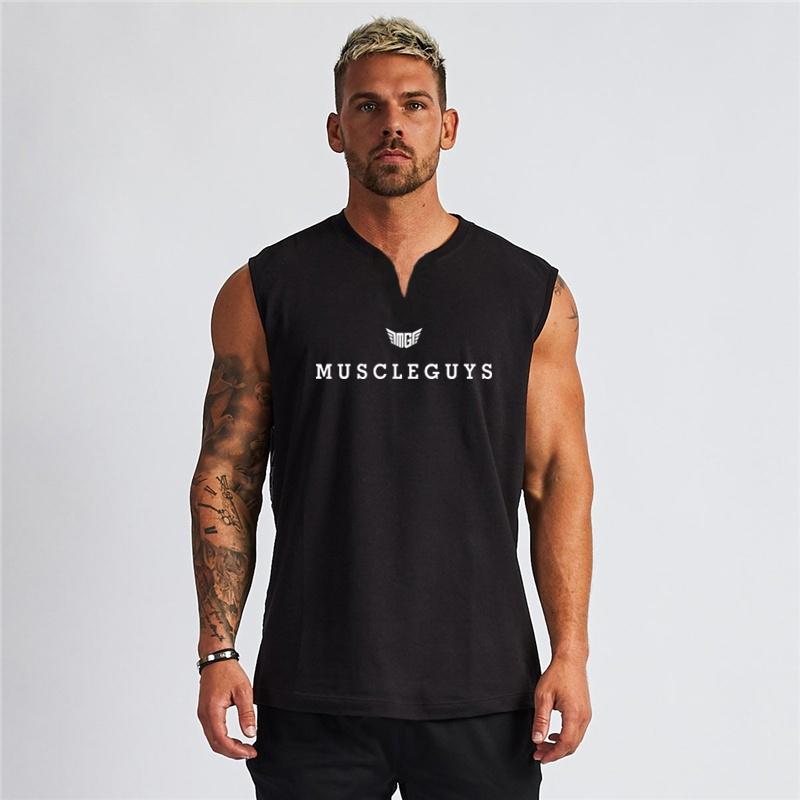 Gym T-shirt Men's Cotton V-neck Fitness Workout Tight Sleeveless T-shirt Men's Bodybuilding Sports T-shirt Top Summer Clothing