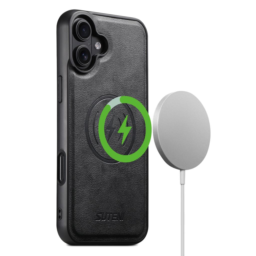 SUTENI M4 For iPhone 16 Magnetic Case with Card Holder Cowhide Texture Leather Back Cover