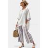 Japanese-style vertical stripe ramie bamboo fiber top for women, summer loose casual versatile V-neck shirt pants set