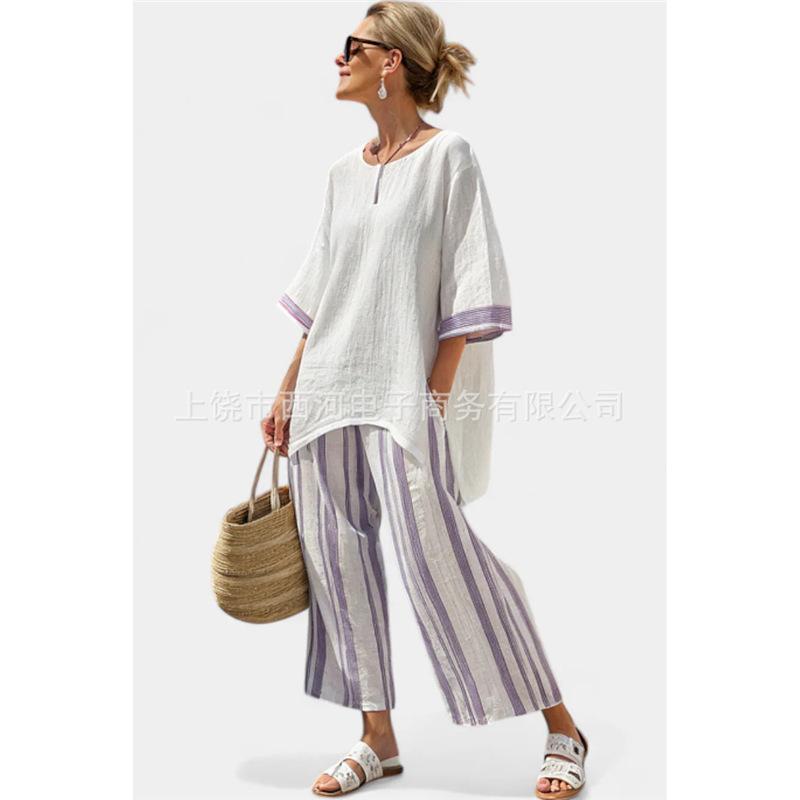 Japanese-style vertical stripe ramie bamboo fiber top for women, summer loose casual versatile V-neck shirt pants set