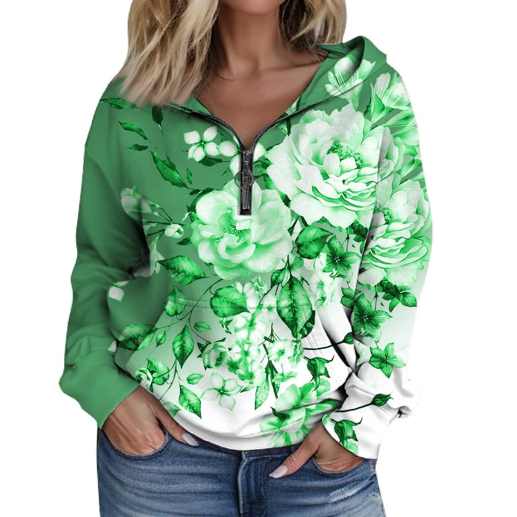 Женская мода с длинным рукавом и принтом, свободная толстовка с капюшоном на молнии и карманами