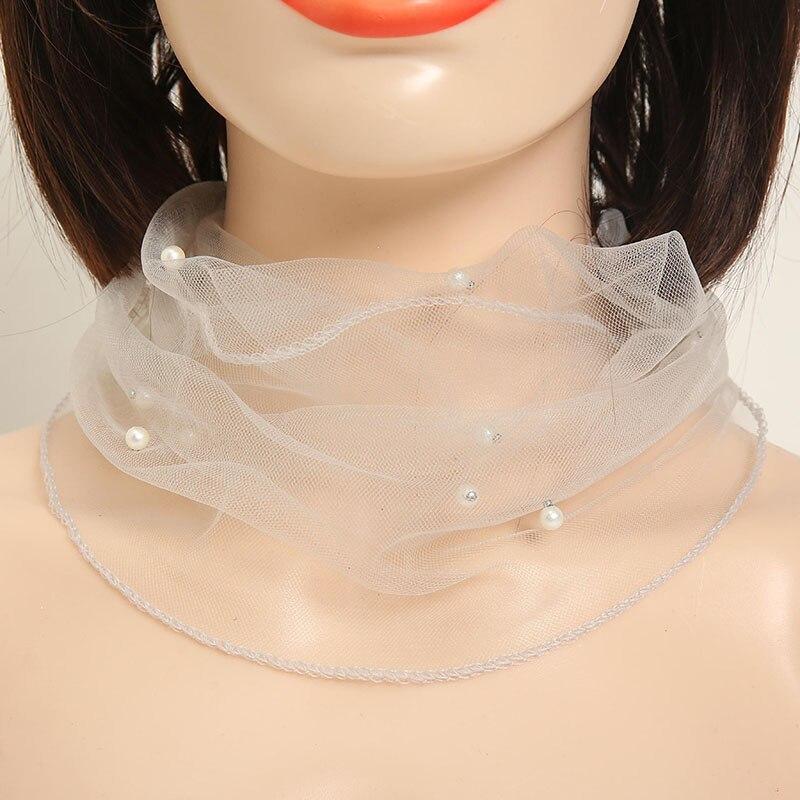 Women Girls Scarf Fake Pearl Decorative Mesh Necklace Scarf Circle Scarf For Summer Short Scarf False Collar Scarf Accessories