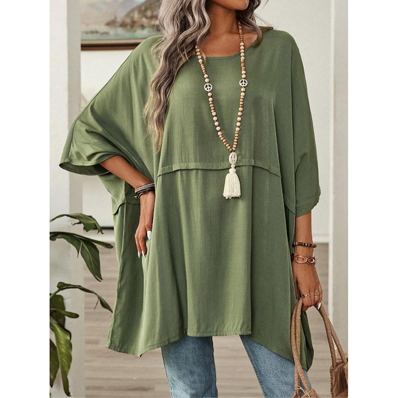 Модная новая свободная повседневная рубашка с рукавами «летучая мышь», женская элегантная блузка с круглым вырезом и однотонным принтом больших размеров для женщин, летняя простая офисная женская рубашка, топы 25905