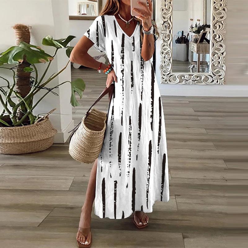 Women's Short-sleeved V-neck Striped Print Loose Long Dress