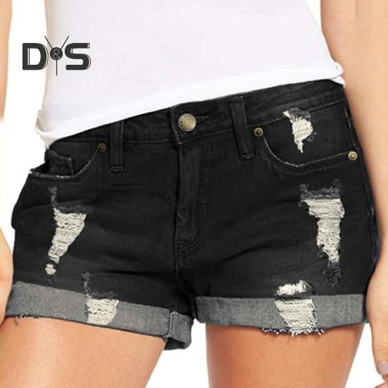 Джинсовые шорты для женщин, рваные джинсовые шорты со средней посадкой и карманами, летние повседневные эластичные джинсовые шорты с манжетами и подолом